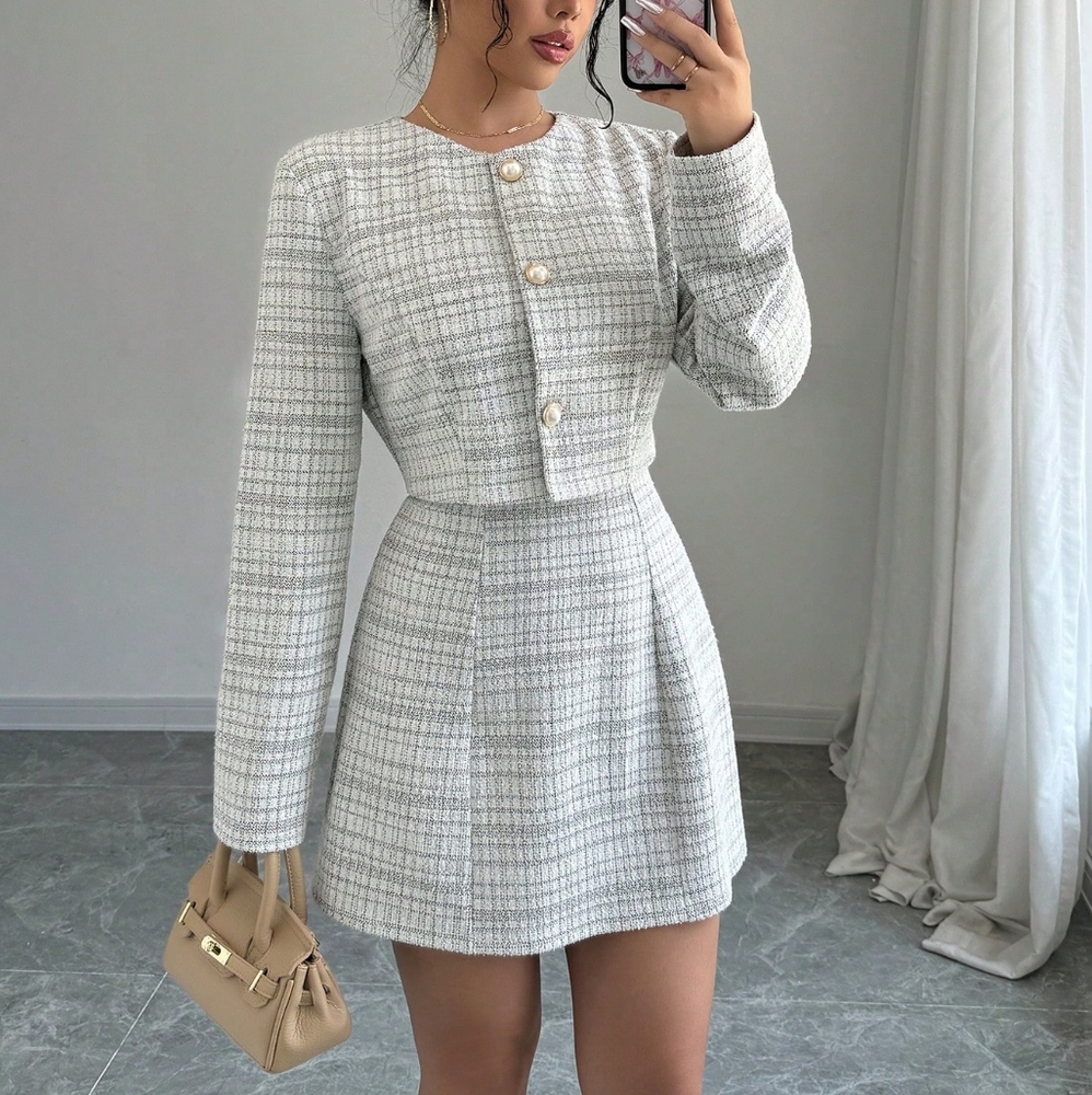 2pcs Women's Spring Autumn Elegant Plaid Short Jacket And Sleevele - Picture 2 of 6
